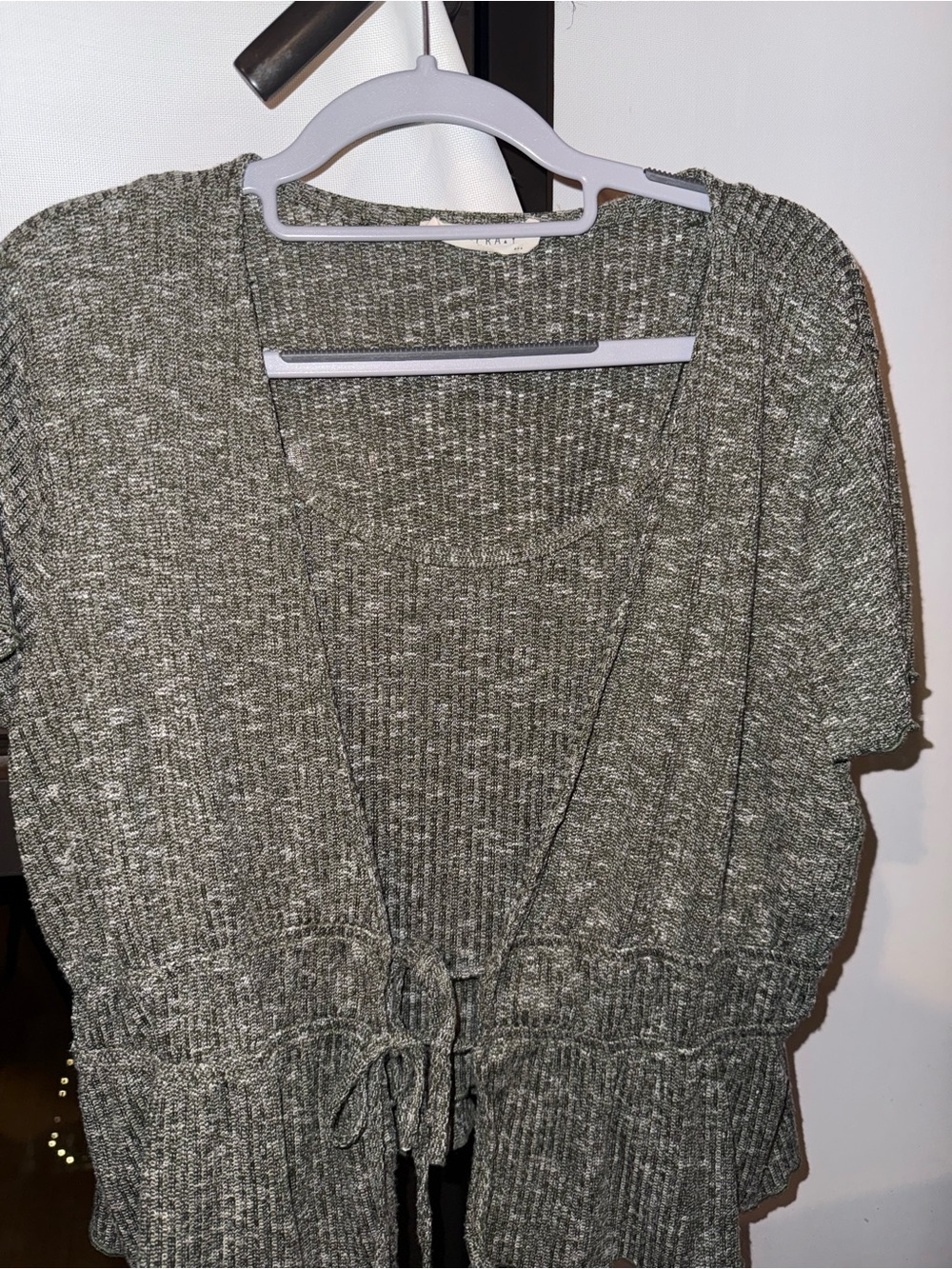 Short Sleeve Drawstring Waist Knit Cardigan - Olive